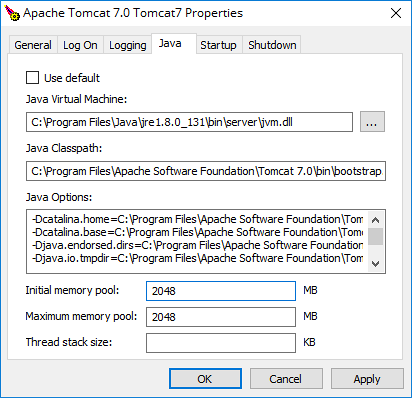 Java tab in Apache Tomcat properties